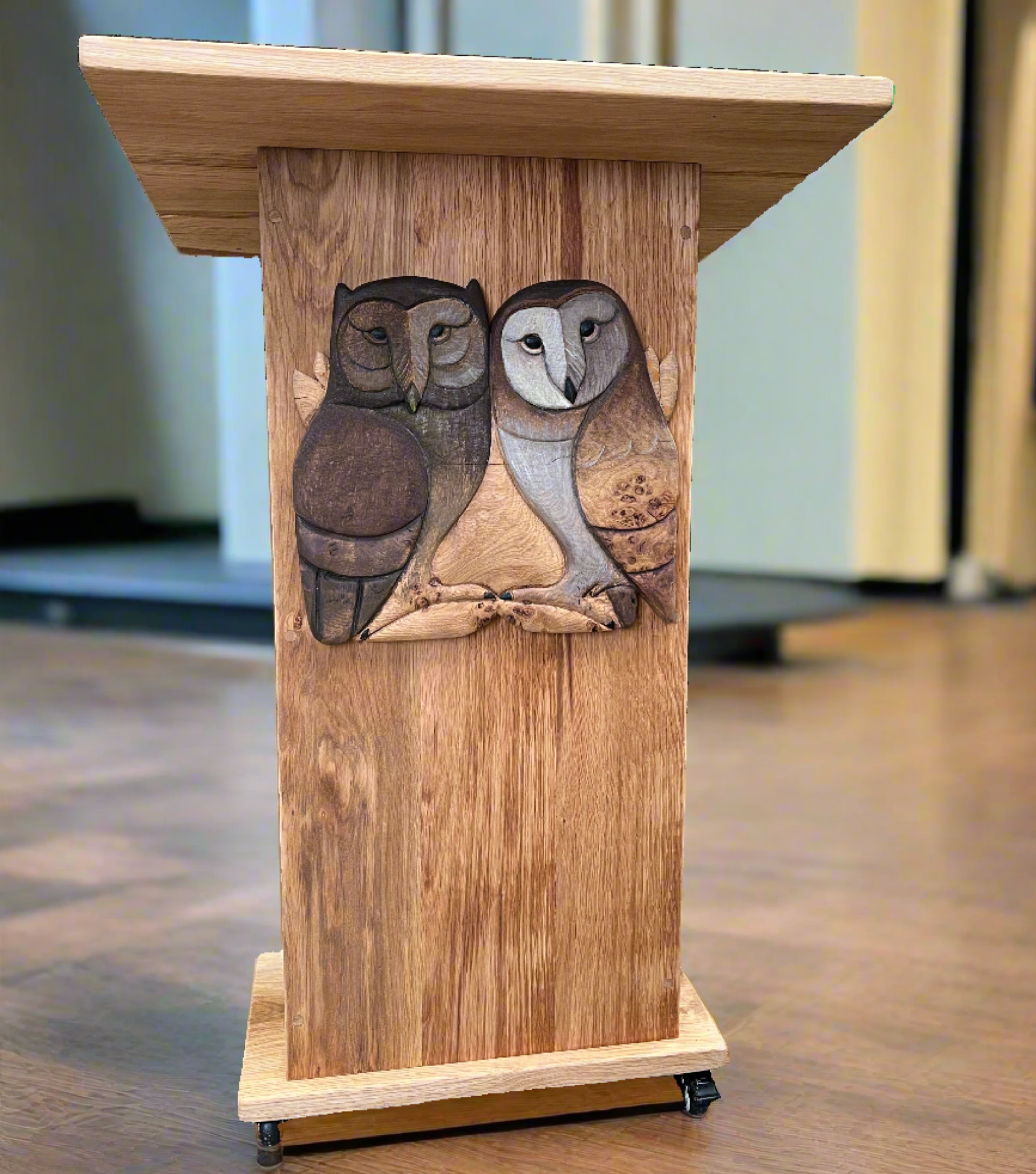 Bespoke lectern with owl design for Mountain Lane School