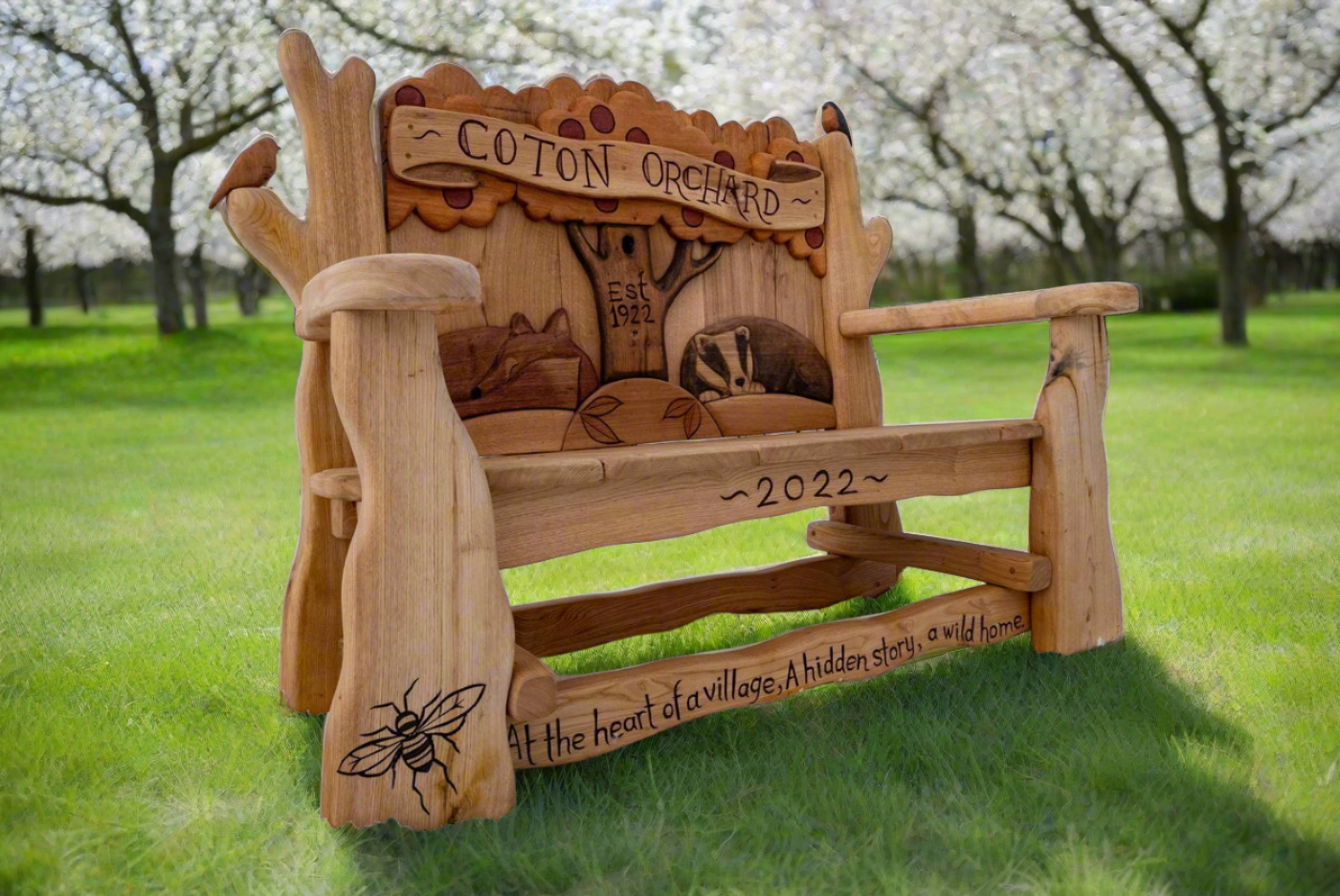 Wooden bench celebrating Coton Orchard heritage