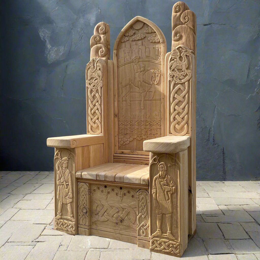 Hand-carved oak throne with Celtic knots, mythical figures, and medieval design, crafted for the visitor display at Conwy Castle in North Wales.