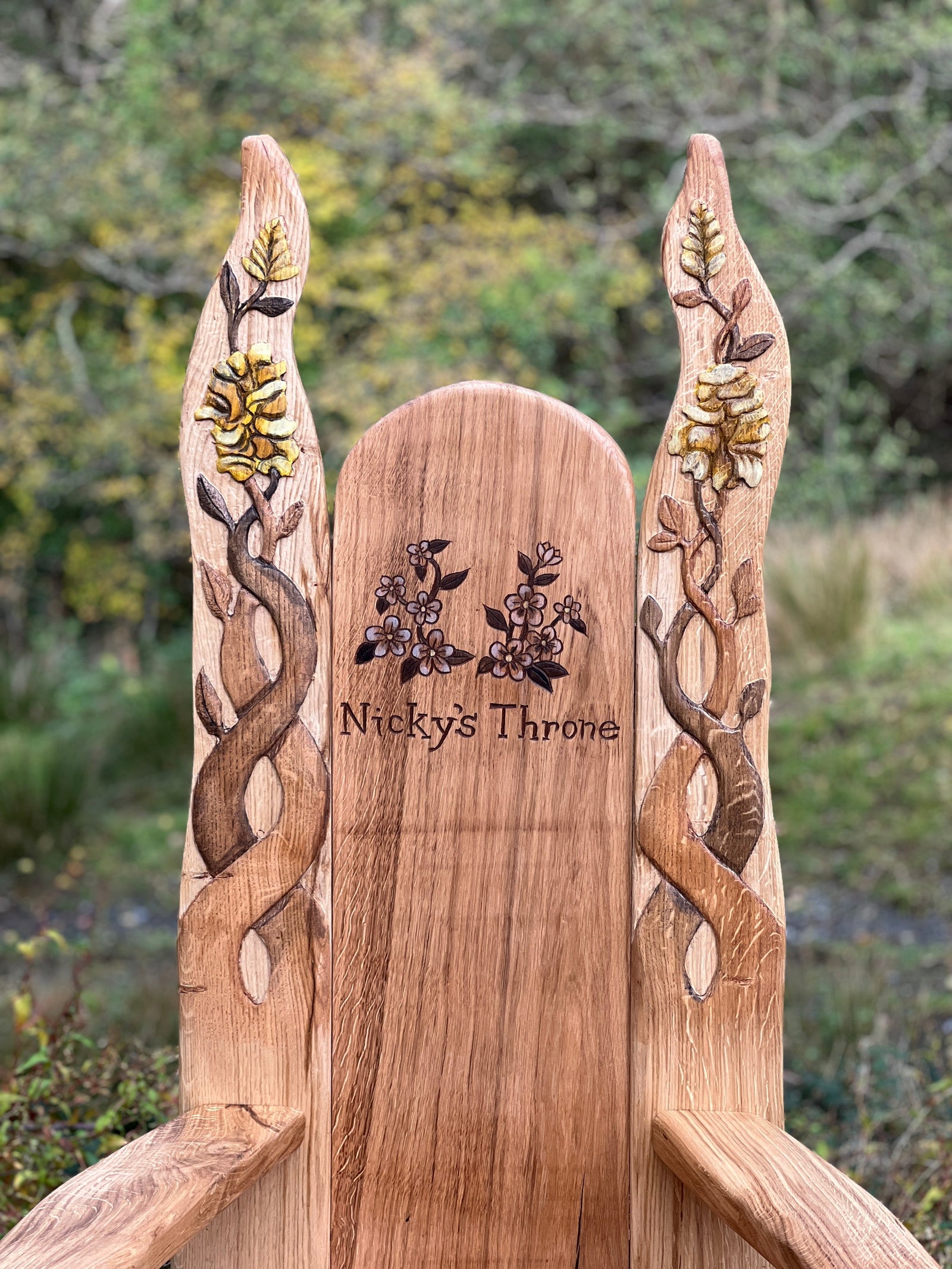 Handmade solid oak throne chair with carved flowers and vines — personalised, Wales