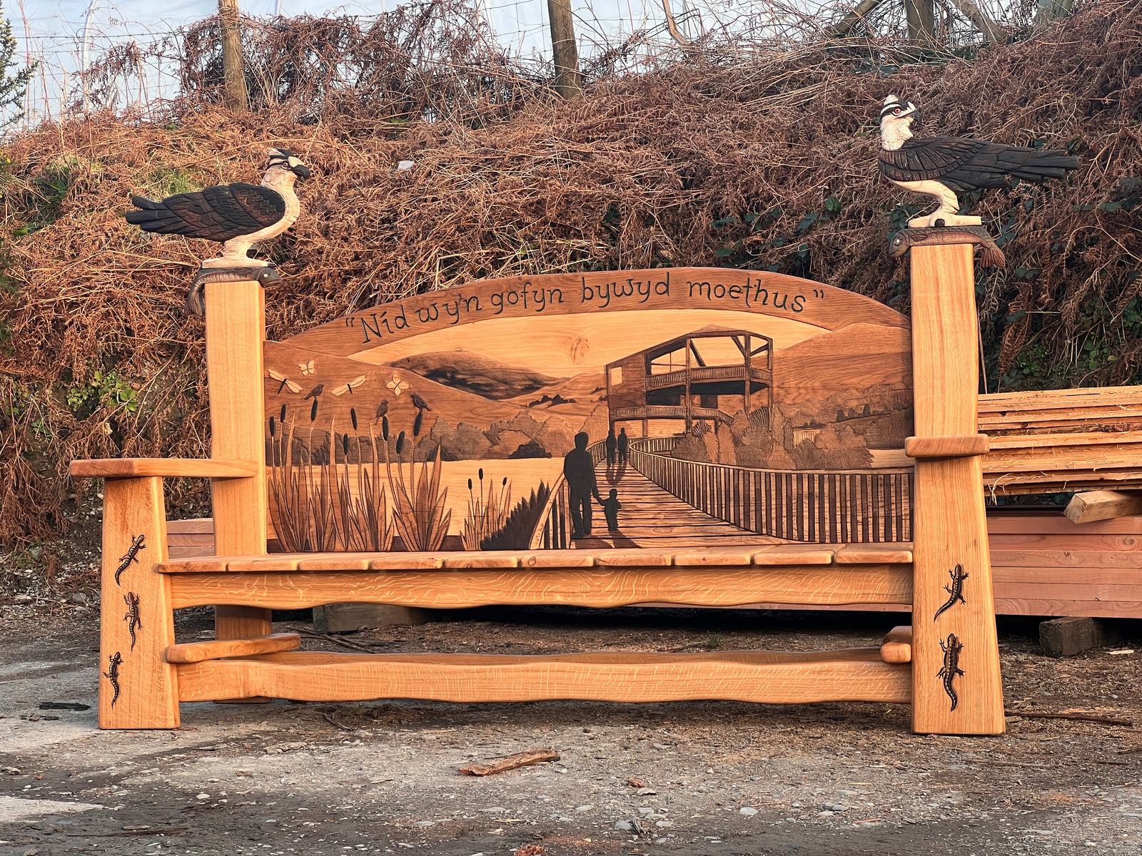 Overhead angle of the Ospreys Bench showing the carved osprey and landscape details