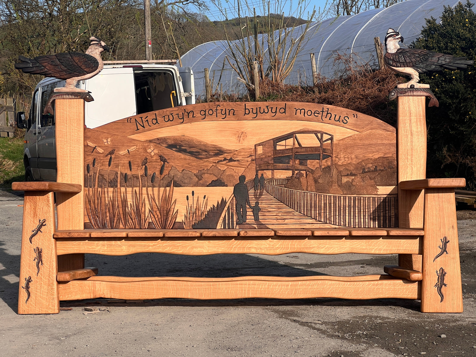 Detail of the Cors Dyfi Observatory silhouette carved into the bench back panel