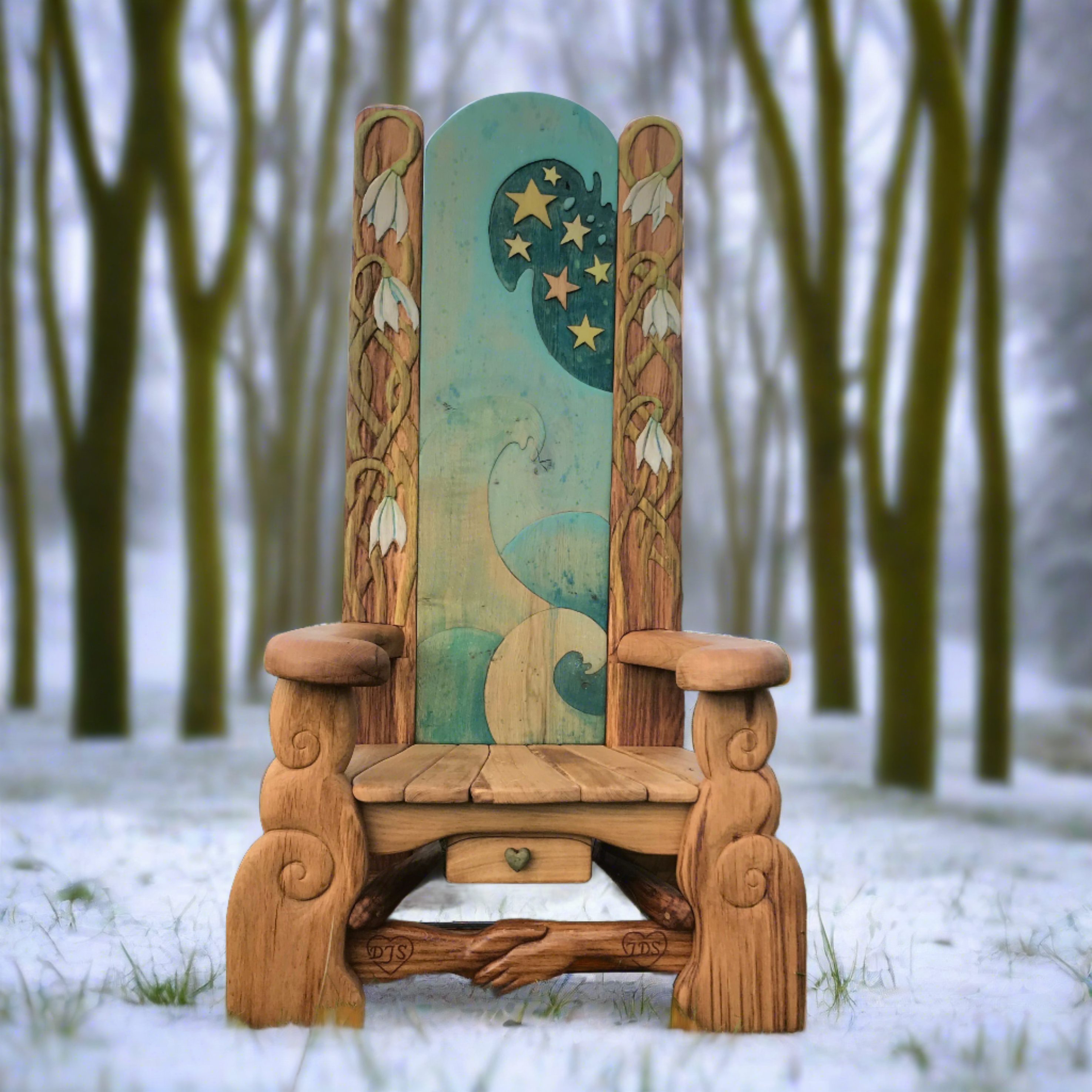 Chaise magique pour l'heure du conte dans une forêt enneigée