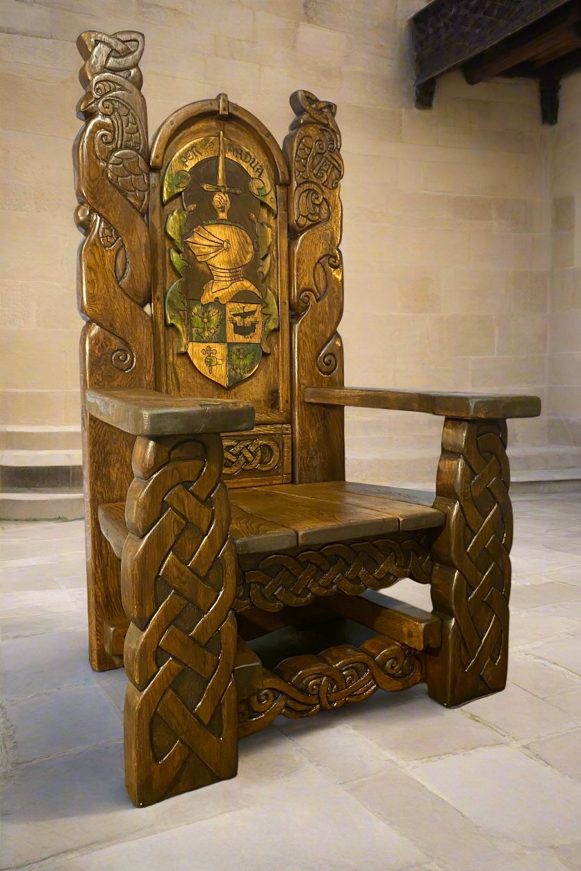 Side angle of medieval knight throne chair