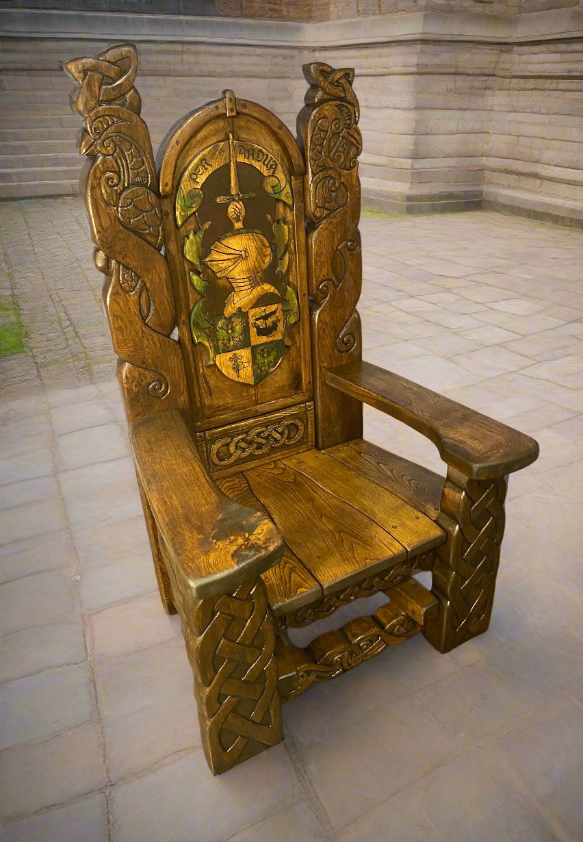 Angled view of medieval knight throne chair outdoors