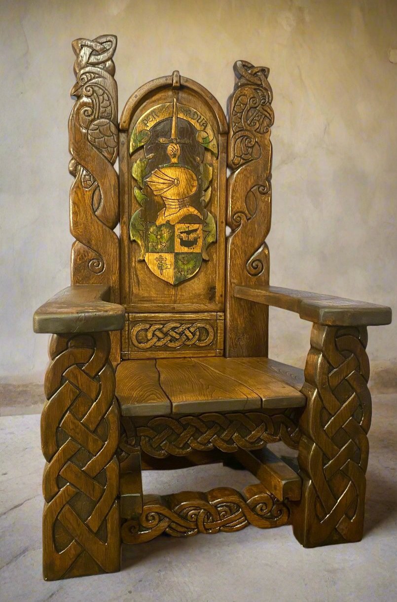 Front view of ornate medieval knight throne chair