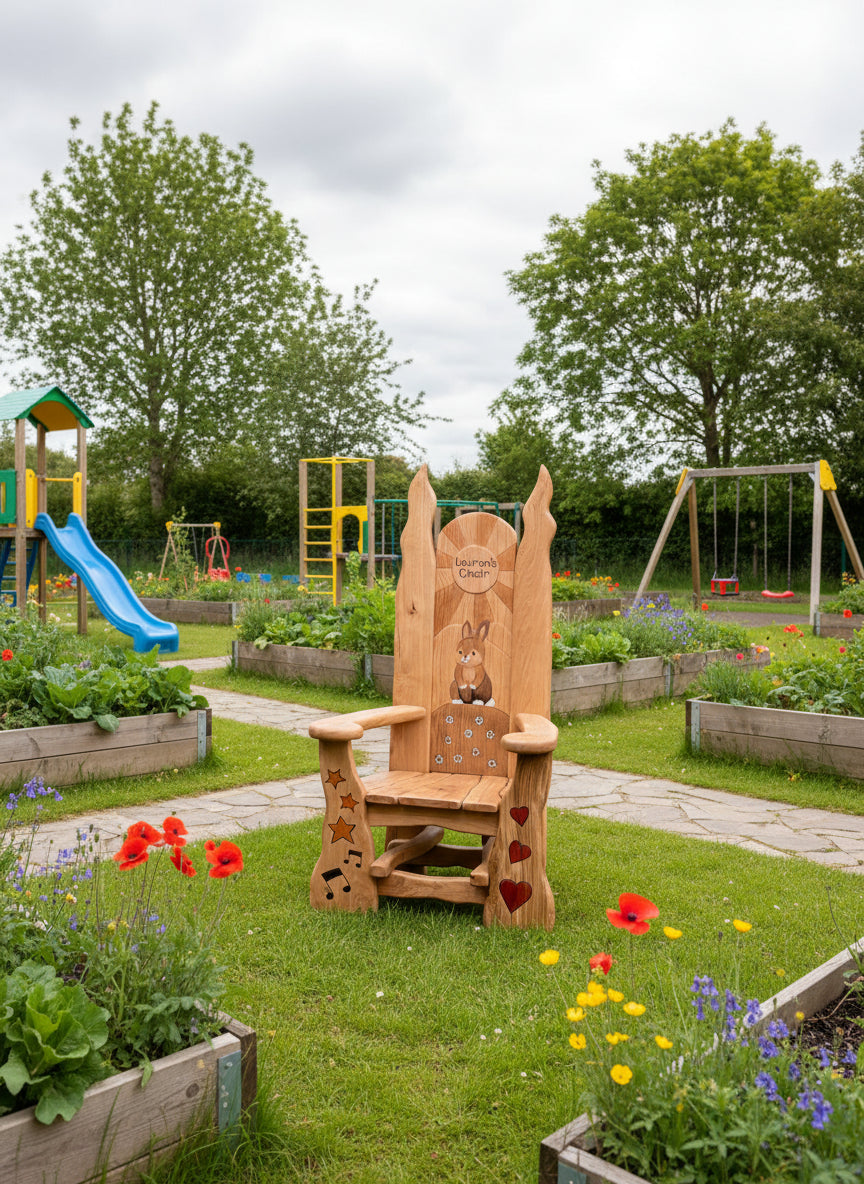 Handmade outdoor reading chair for schools — bunny carved oak storytelling throne, Wales