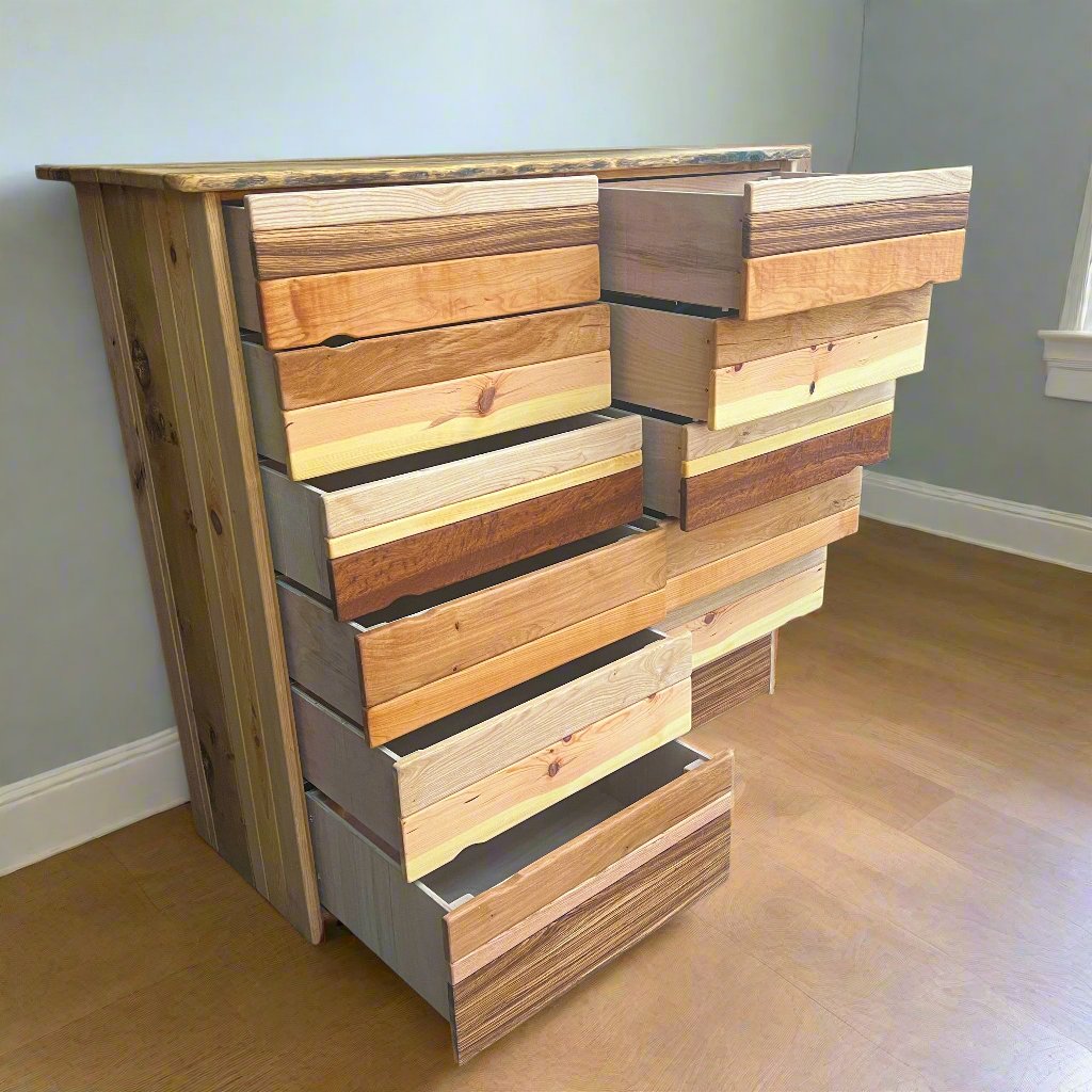 Handcrafted wooden drawers with rustic finish, showcasing natural wood grain and antique metal handles