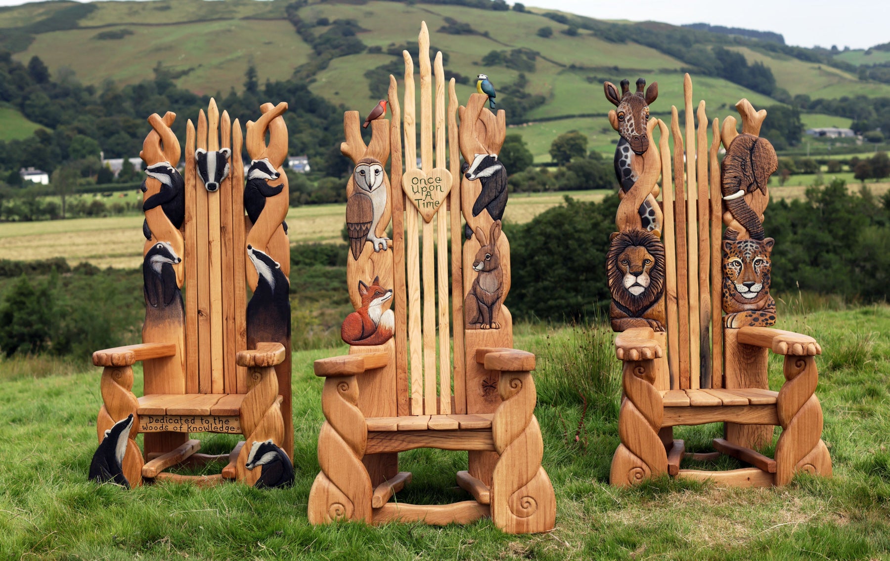 Three wooden chairs with animal head carvings in a field with rolling hills in the background