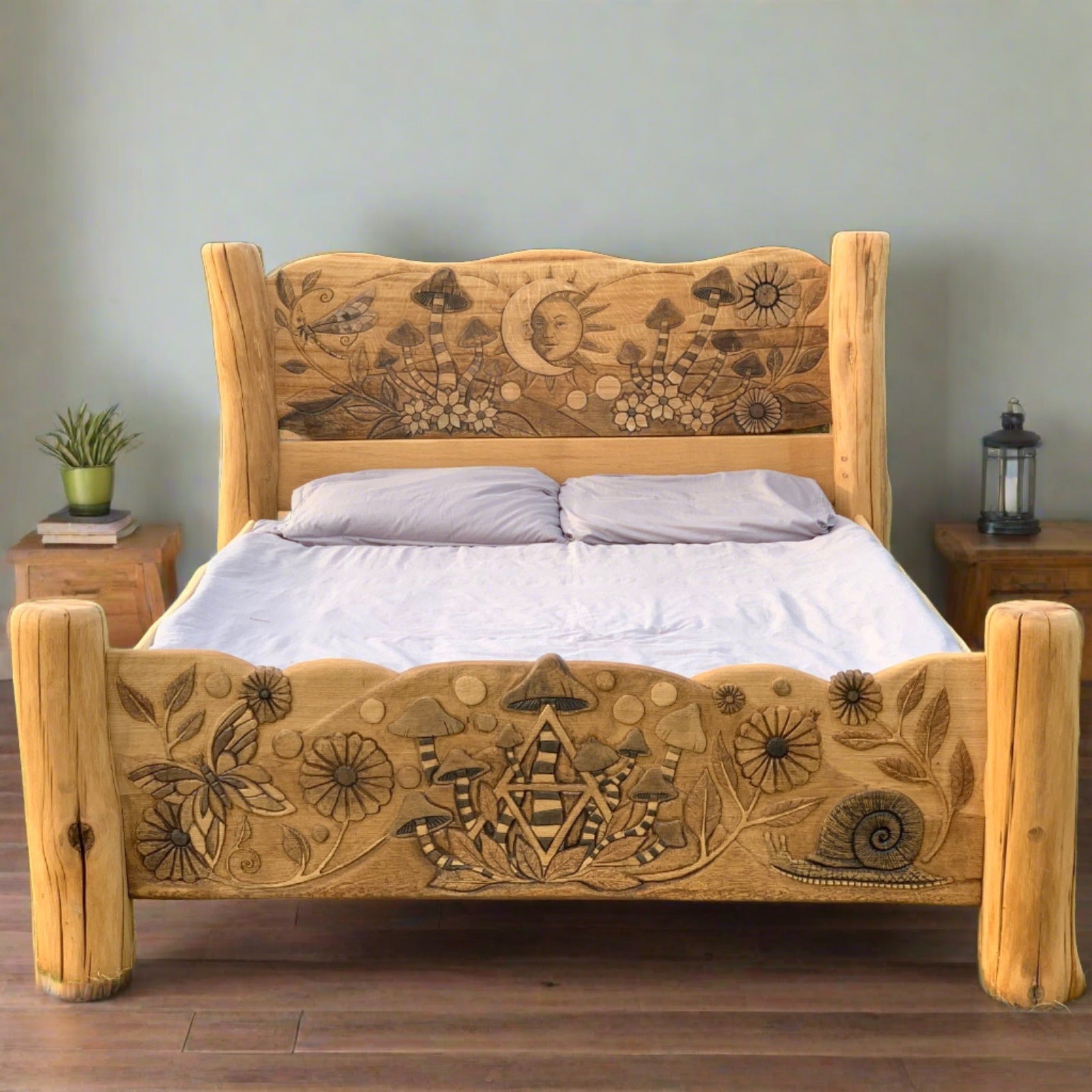 Hand-carved oak bed with mushroom and sun design