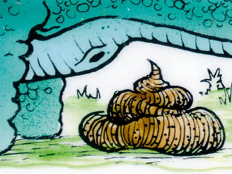 compost toilet illustration showing a dinosaur poo