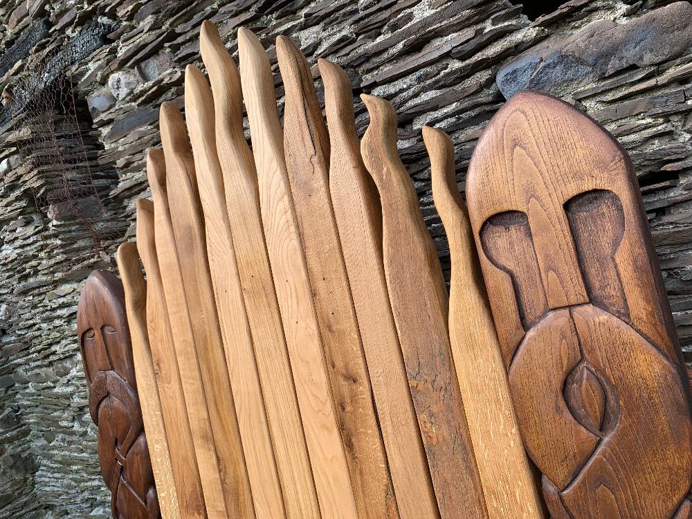 Close-up of Viking Bench Throne made from wood