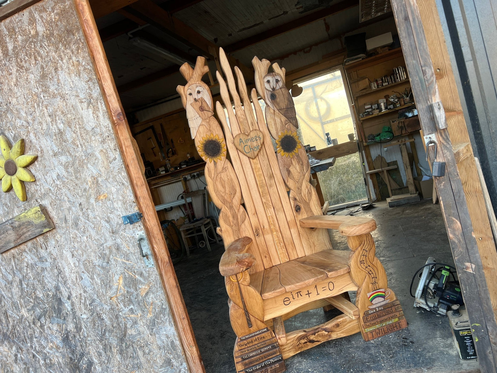 Handmade storytelling chair fresh from the workshop — carved oak, bespoke, Wales