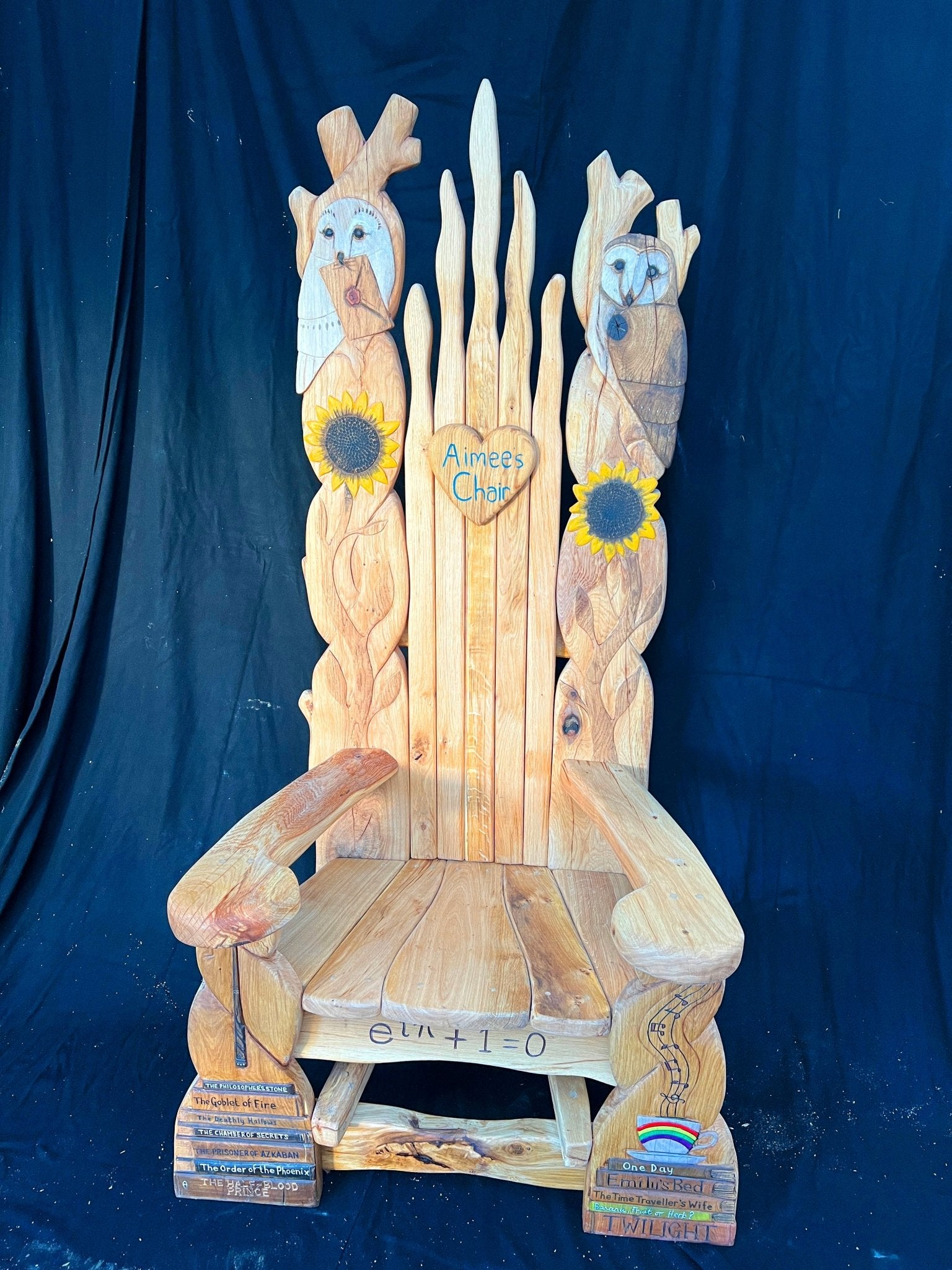 Sunflower and Owl Tribute Chair — handmade carved oak memorial storytelling chair, Wales
