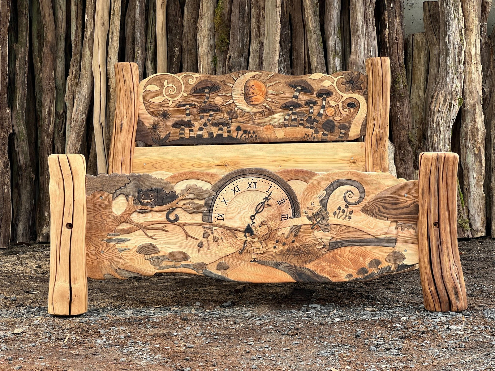 Bespoke wooden bed with surreal and magical Alice in Wonderland theme — handmade, Wales