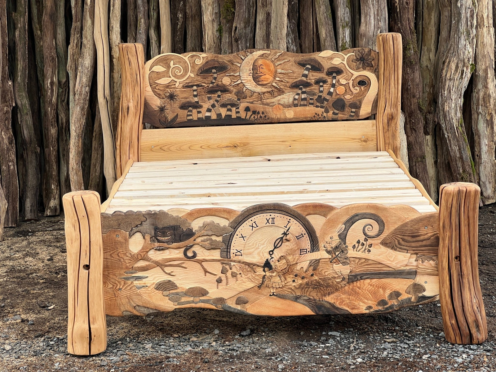 Alice in Wonderland fantasy wooden bed — handmade storybook design, bespoke, Wales
