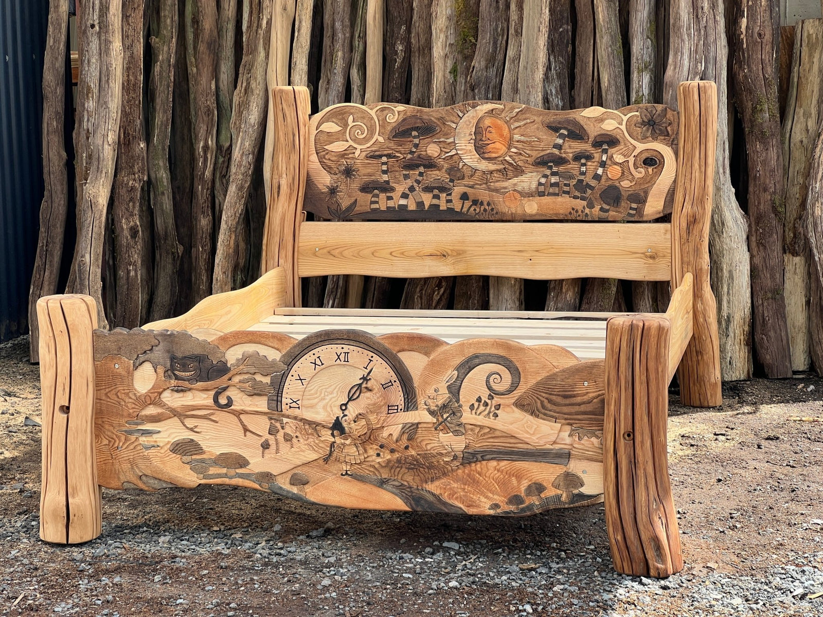 Alice in Wonderland furniture with detailed pyrography — handmade solid wood, Wales