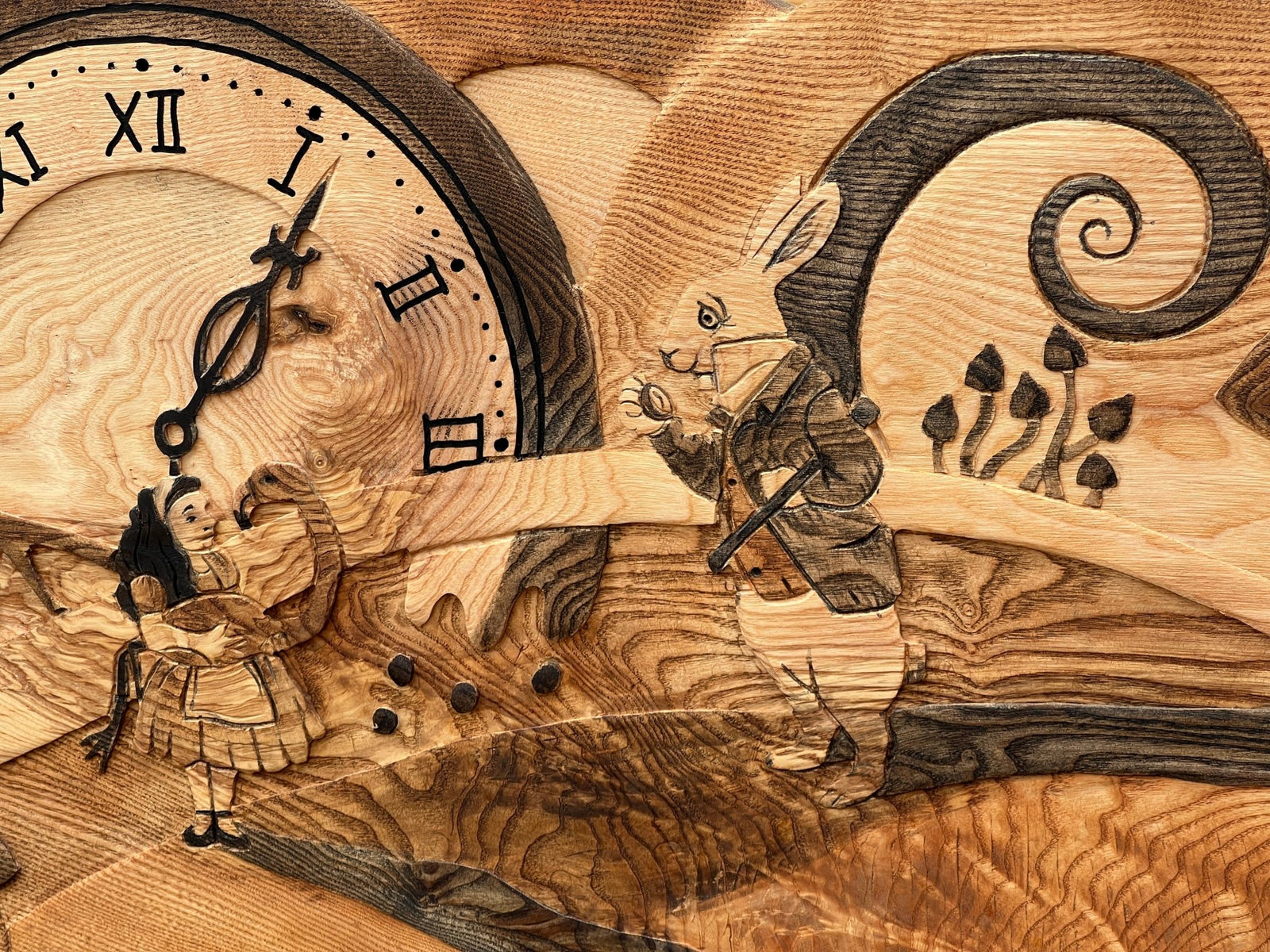 Cheshire Cat, clock, and fantasy scene carved into solid wood bed — handmade Alice in Wonderland, Wales