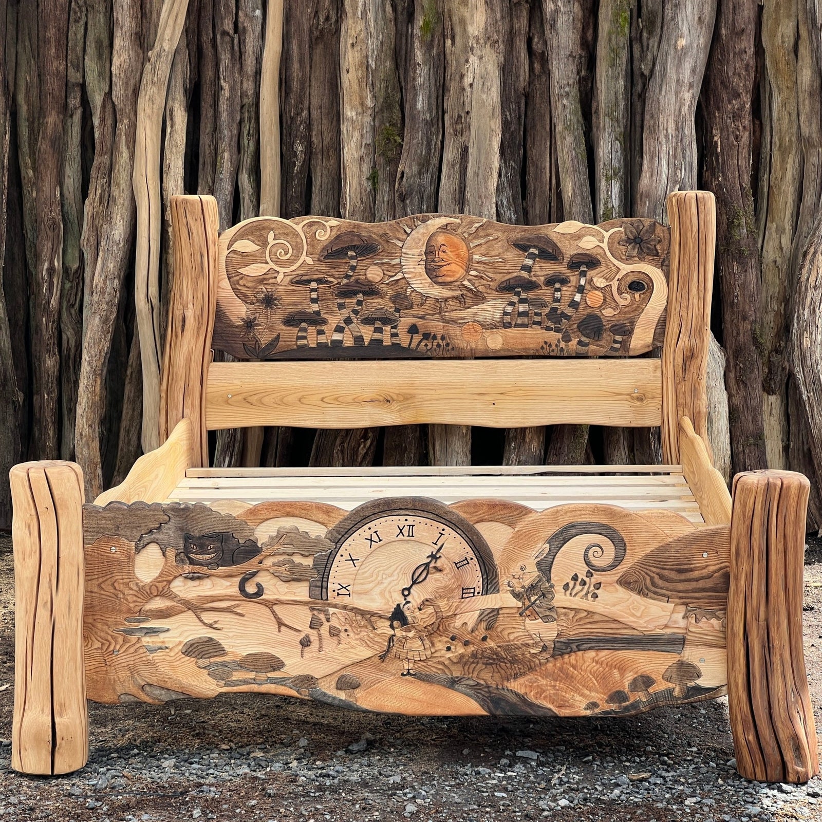 Hand-carved wooden bed inspired by Alice in Wonderland — bespoke storybook fantasy, Wales
