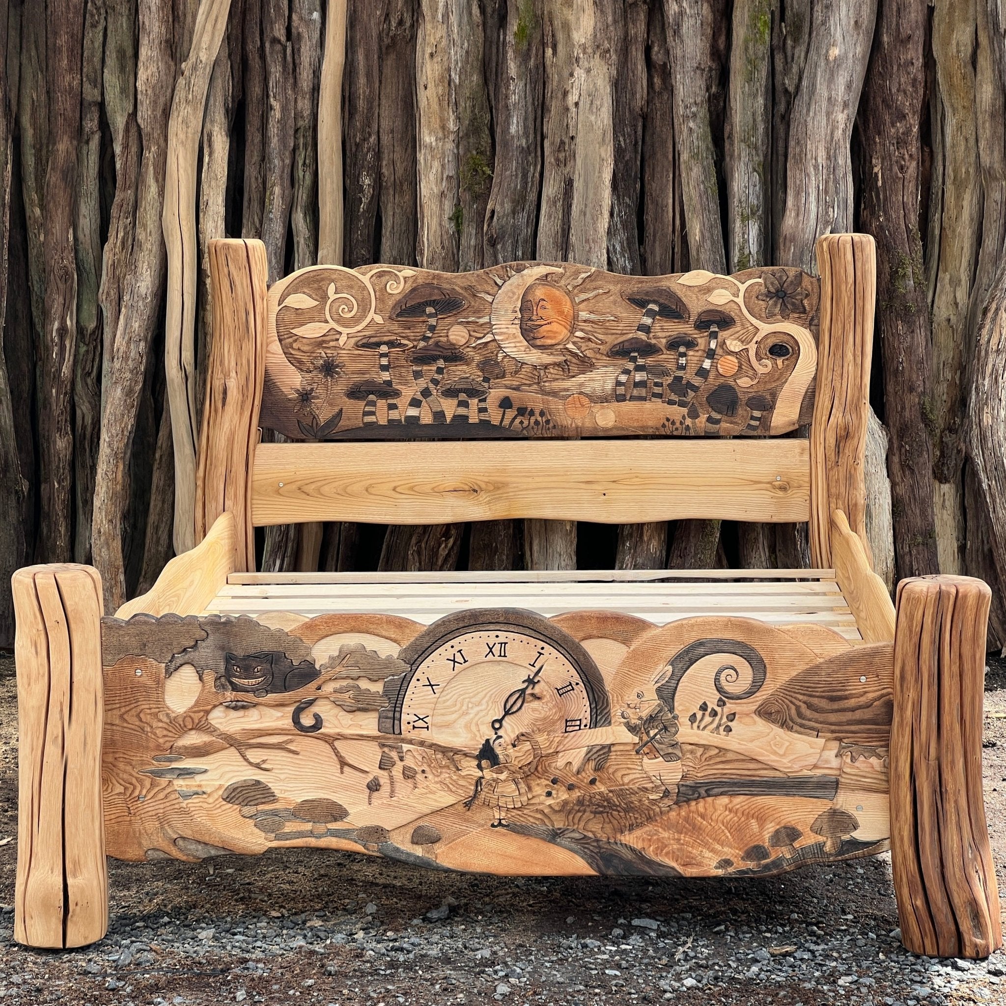 Hand-carved wooden bed inspired by Alice in Wonderland

