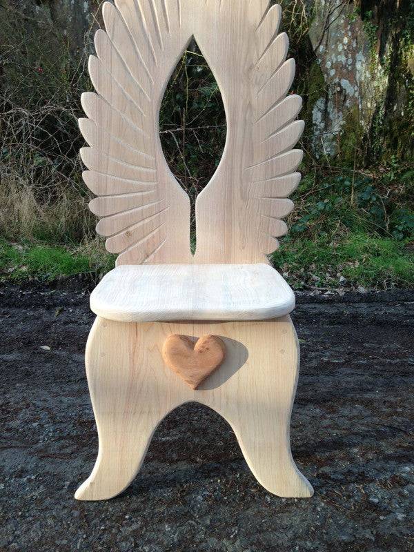 Ash and oak angel dining chair with carved wing backrest — handmade in Wales