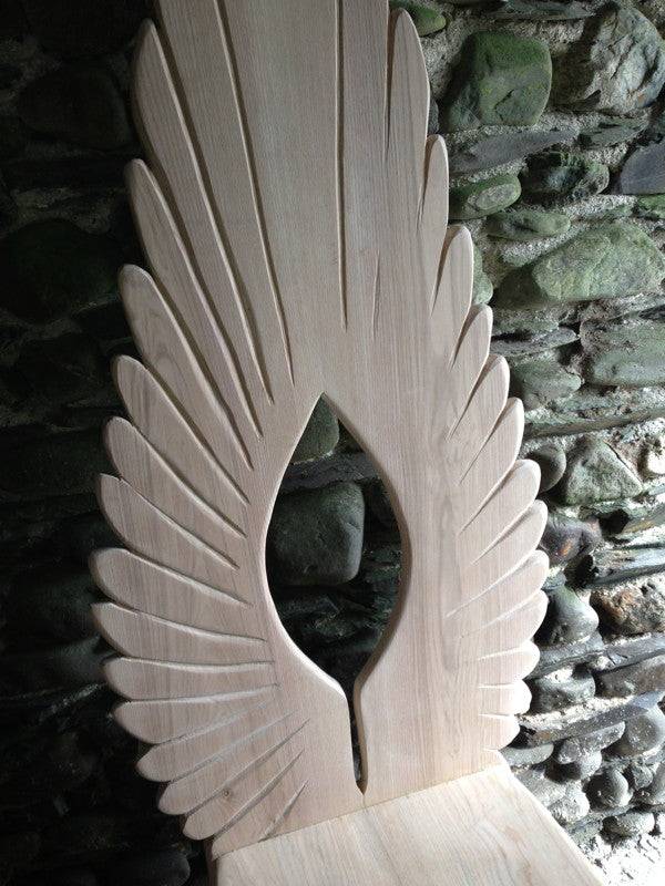 Carved oak angel wing dining chair — handmade bespoke fantasy furniture, Wales