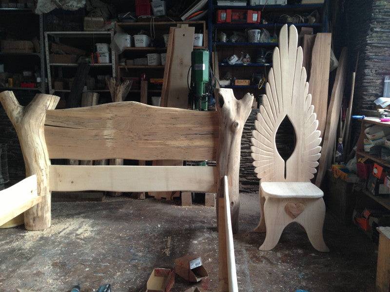 Handcrafted angel wing oak dining chair in ash and oak — bespoke fantasy dining furniture, Wales
