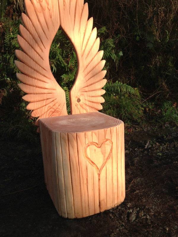 Carved oak fairy storytelling chair for schools — angel wing backrest, handmade in Wales