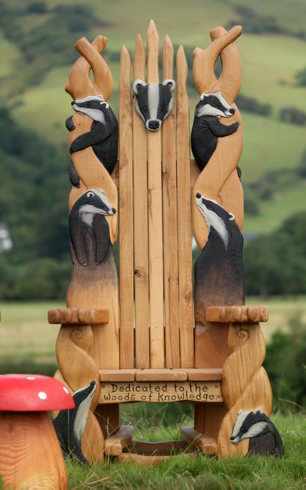 mushroom stool and storytelling chair with badgers
