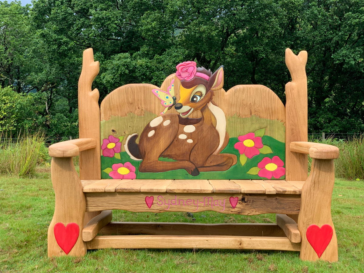 Banc décoratif en chêne avec motif Bambi et papillon