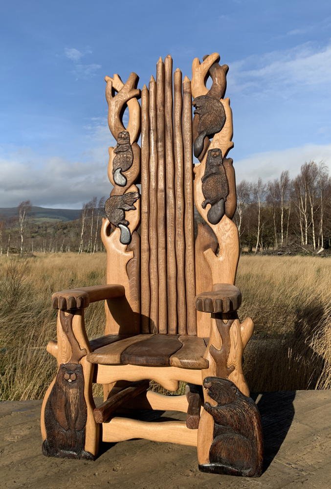 Handcrafted oak fantasy beaver story throne — bespoke carved reading chair, Wales