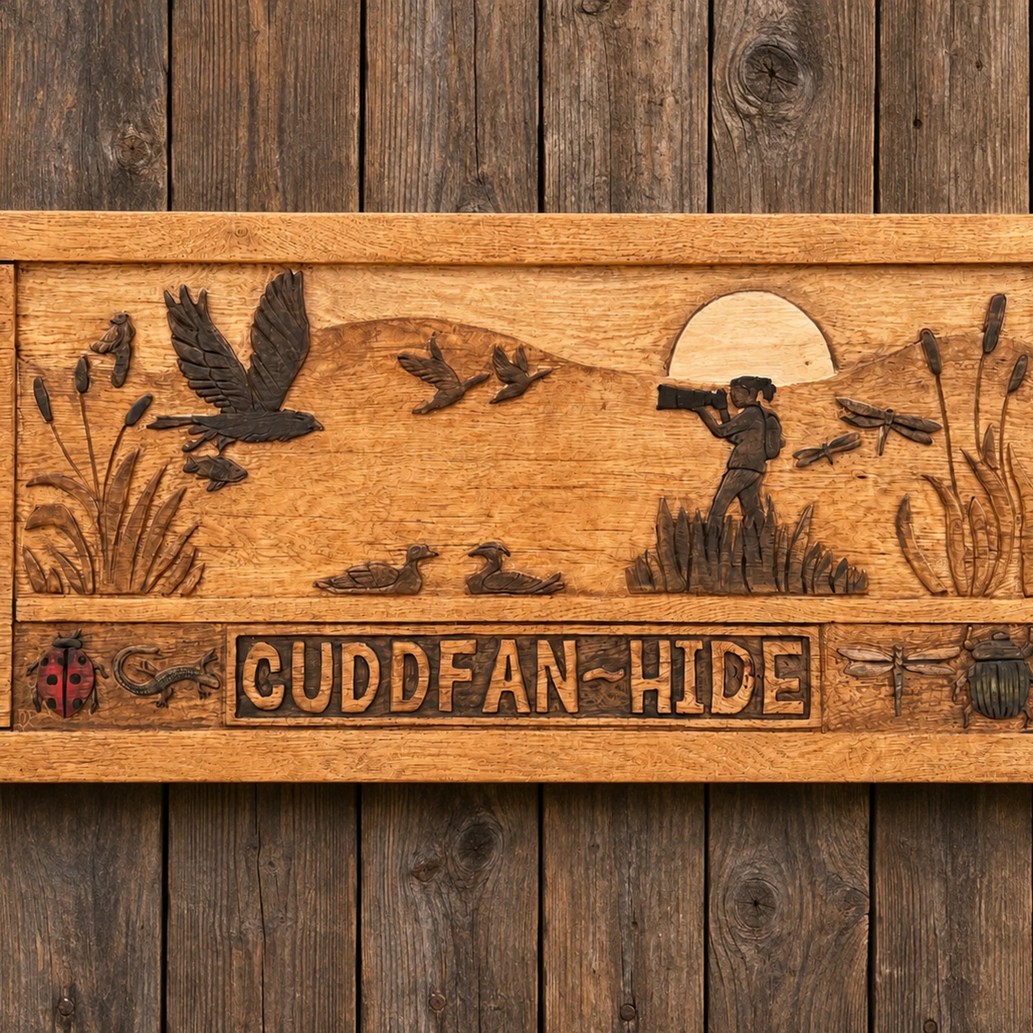 Hand-carved solid oak wildlife hide sign featuring an osprey, ducks and birdwatcher — made in Wales by FreeRangeDesigns