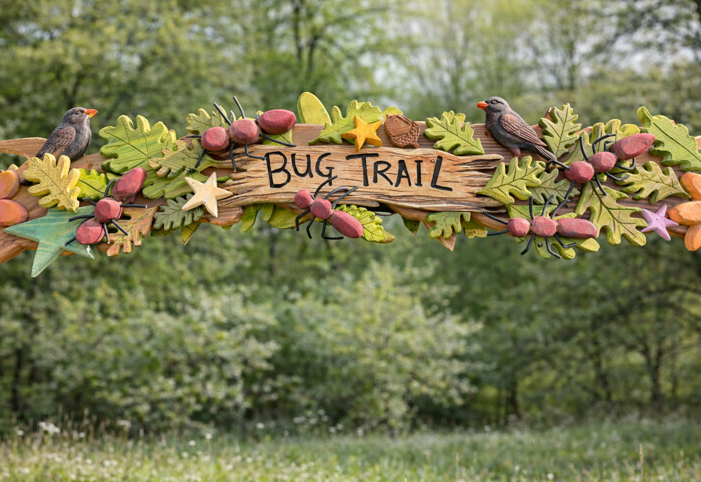 Bug Trail carved nature trail archway installed — handmade, Wales