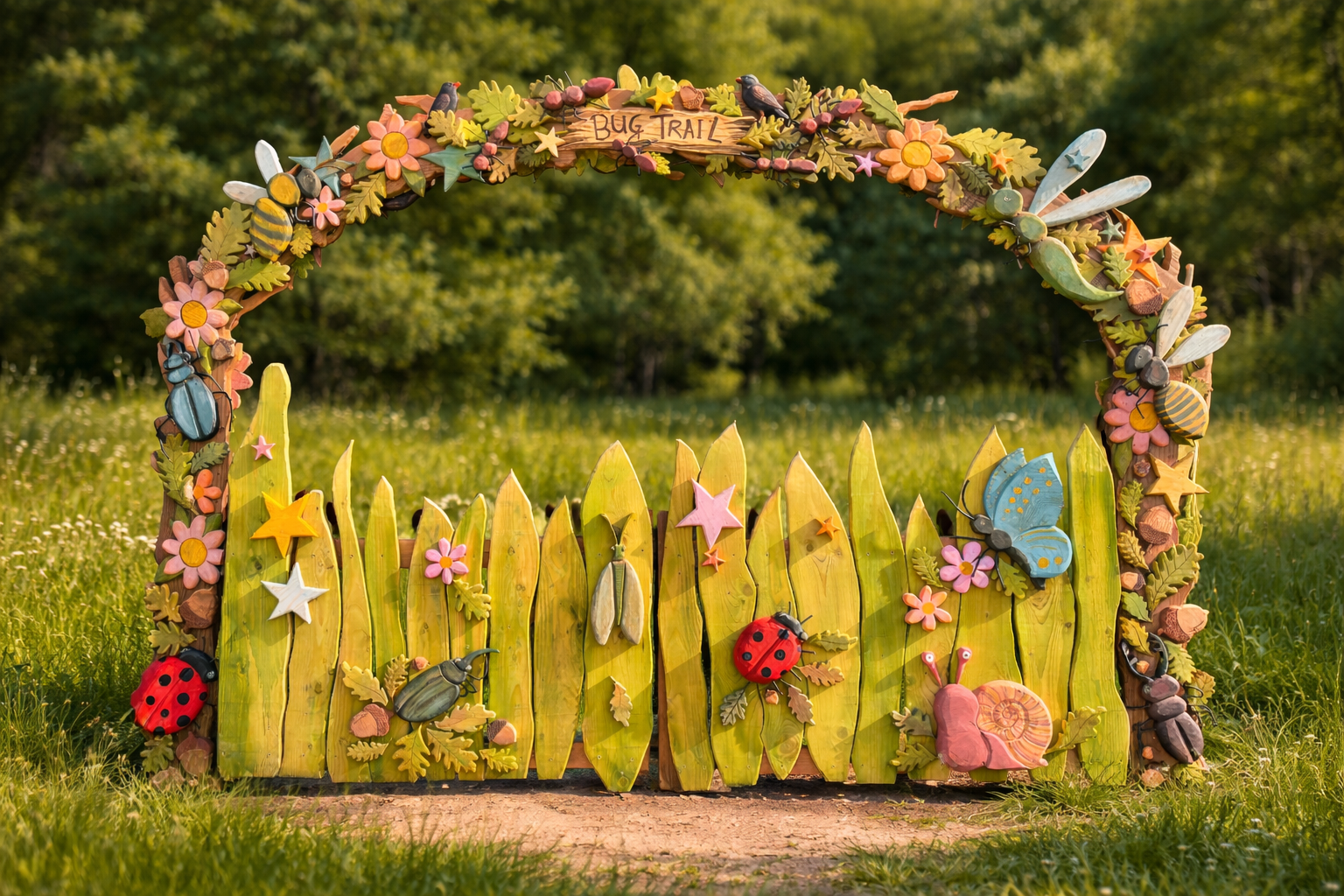 Colourful fairy door archway with decorative elements on a grassy background