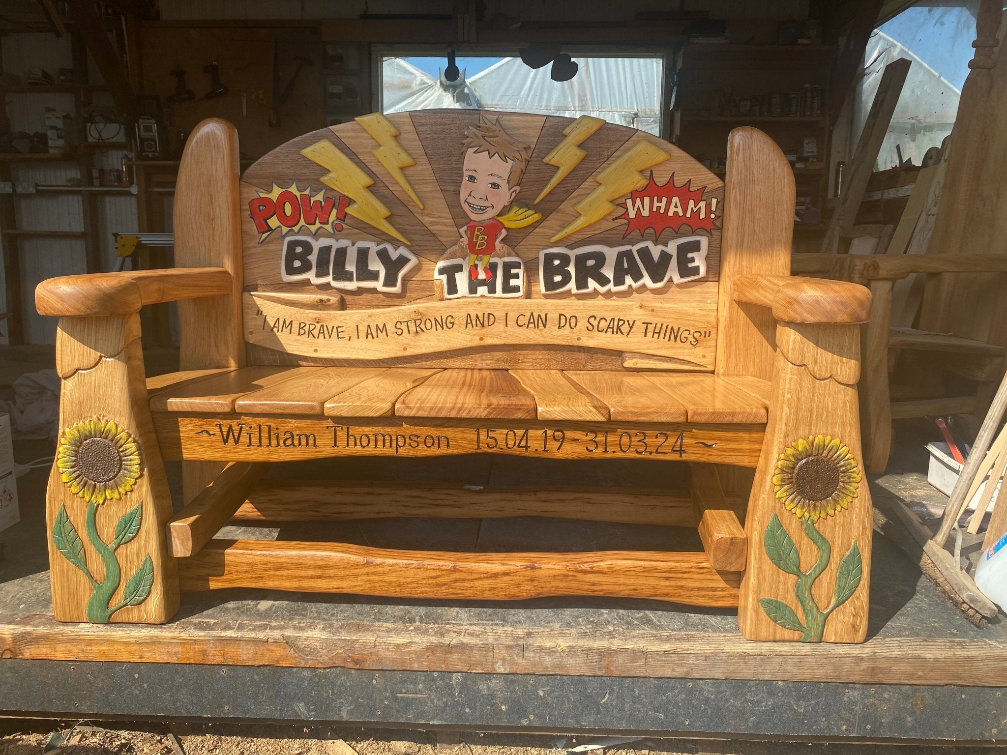 Handcrafted memorial bench in workshop setting