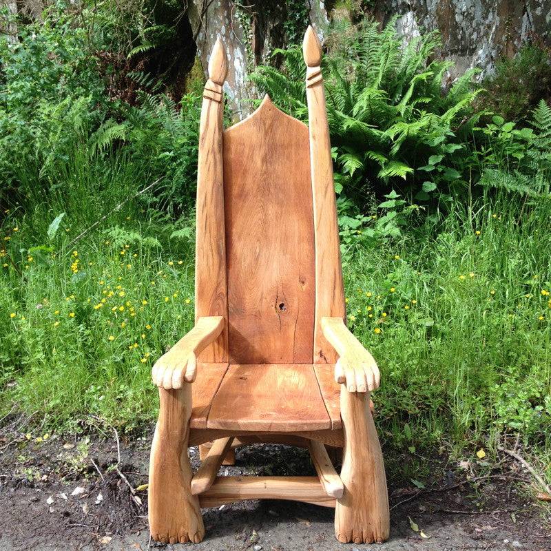 Rustic Wooden Throne Chair hand-carved from solid oak, ideal for storytelling in gardens, schools, and outdoor spaces