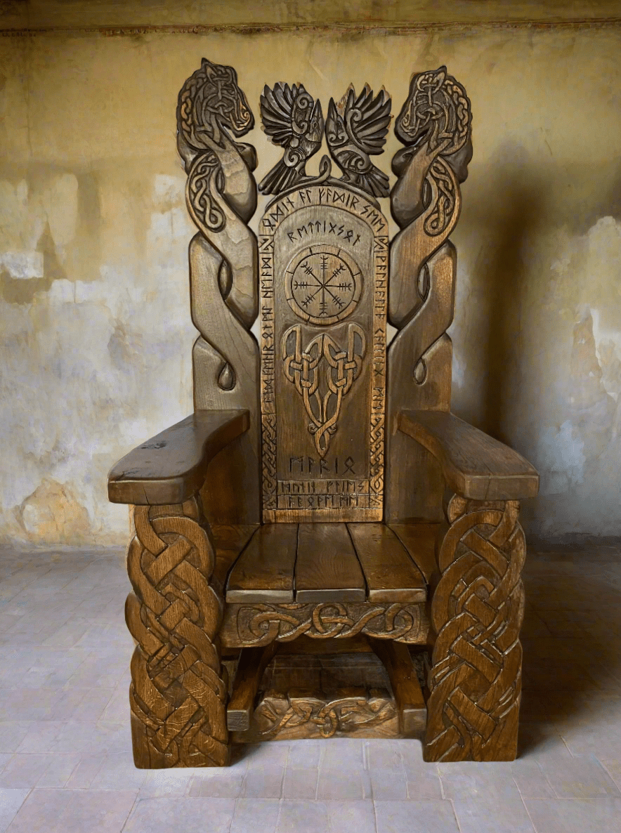 Solid Welsh oak Viking throne chair — handcrafted Celtic knotwork carved furniture, Wales