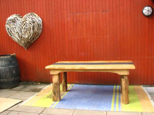 Chunky handmade solid oak table with heart carving — bespoke, Wales