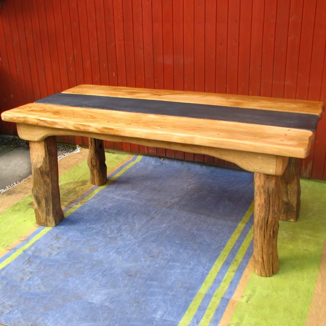 Chunky handmade solid oak and slate patio table — 8-seater, bespoke outdoor furniture, Wales