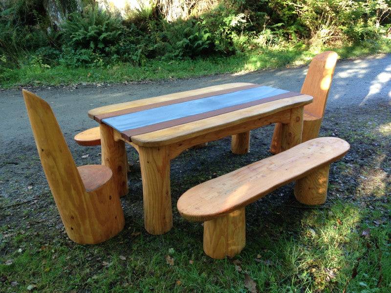 Chunky handmade oak table and matching benches — bespoke outdoor furniture, Wales
