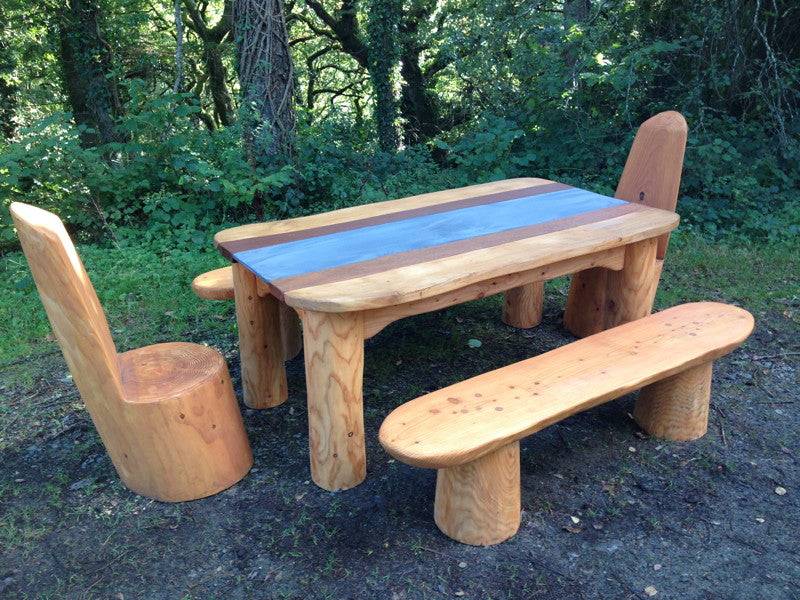 Handmade outdoor dining table with matching benches — solid oak, bespoke, Wales