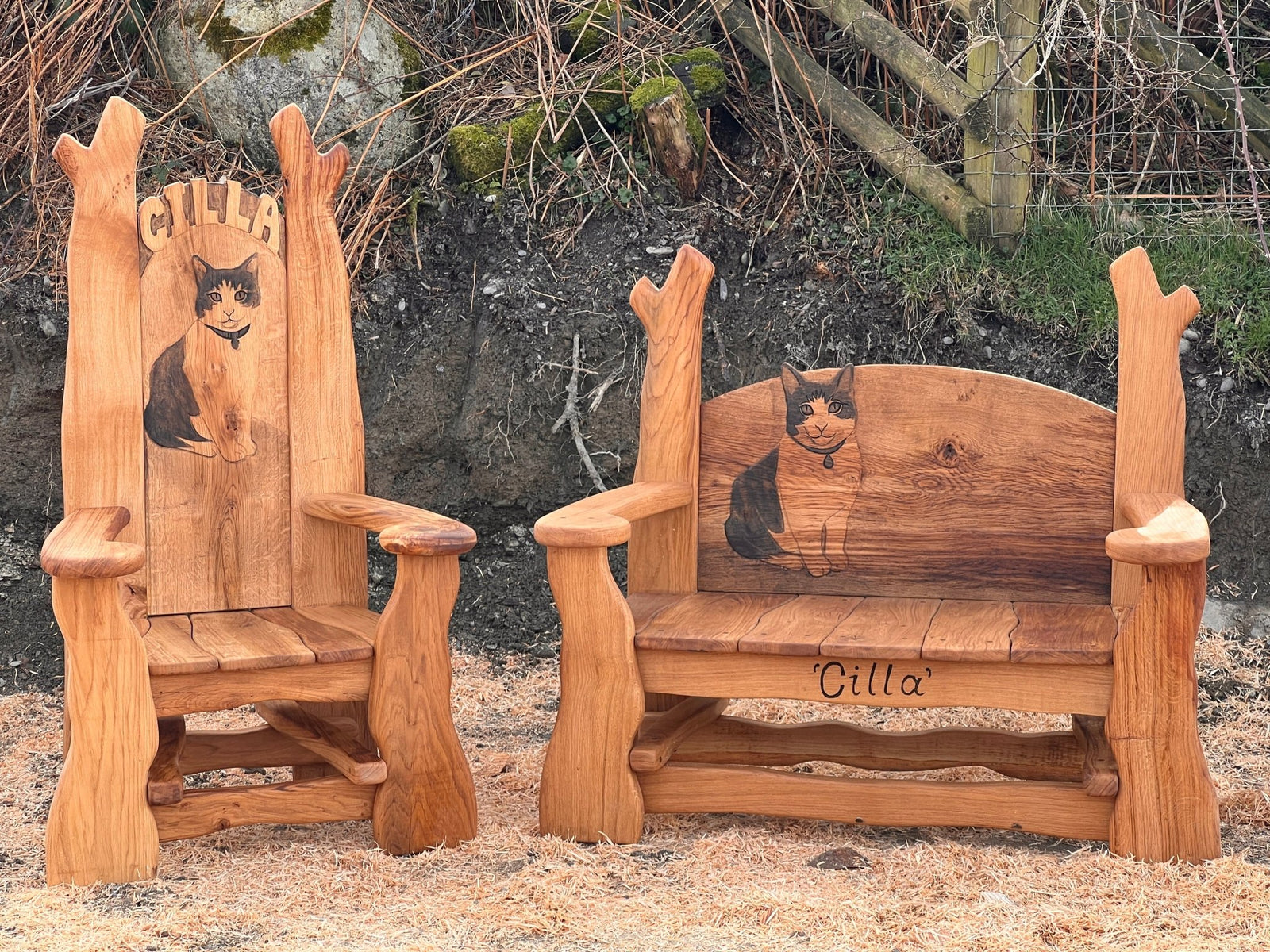 Bench and chair for memorial garden for a pet — handmade carved oak, Wales