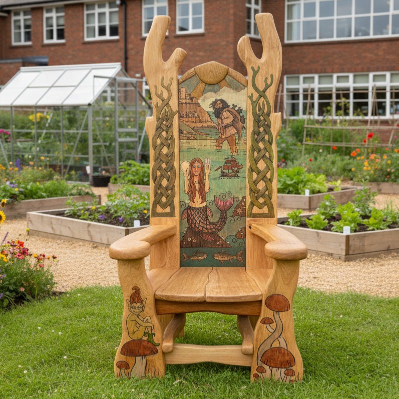 Cornish Myths and Legends storytelling chair — carved oak library seating, Wales