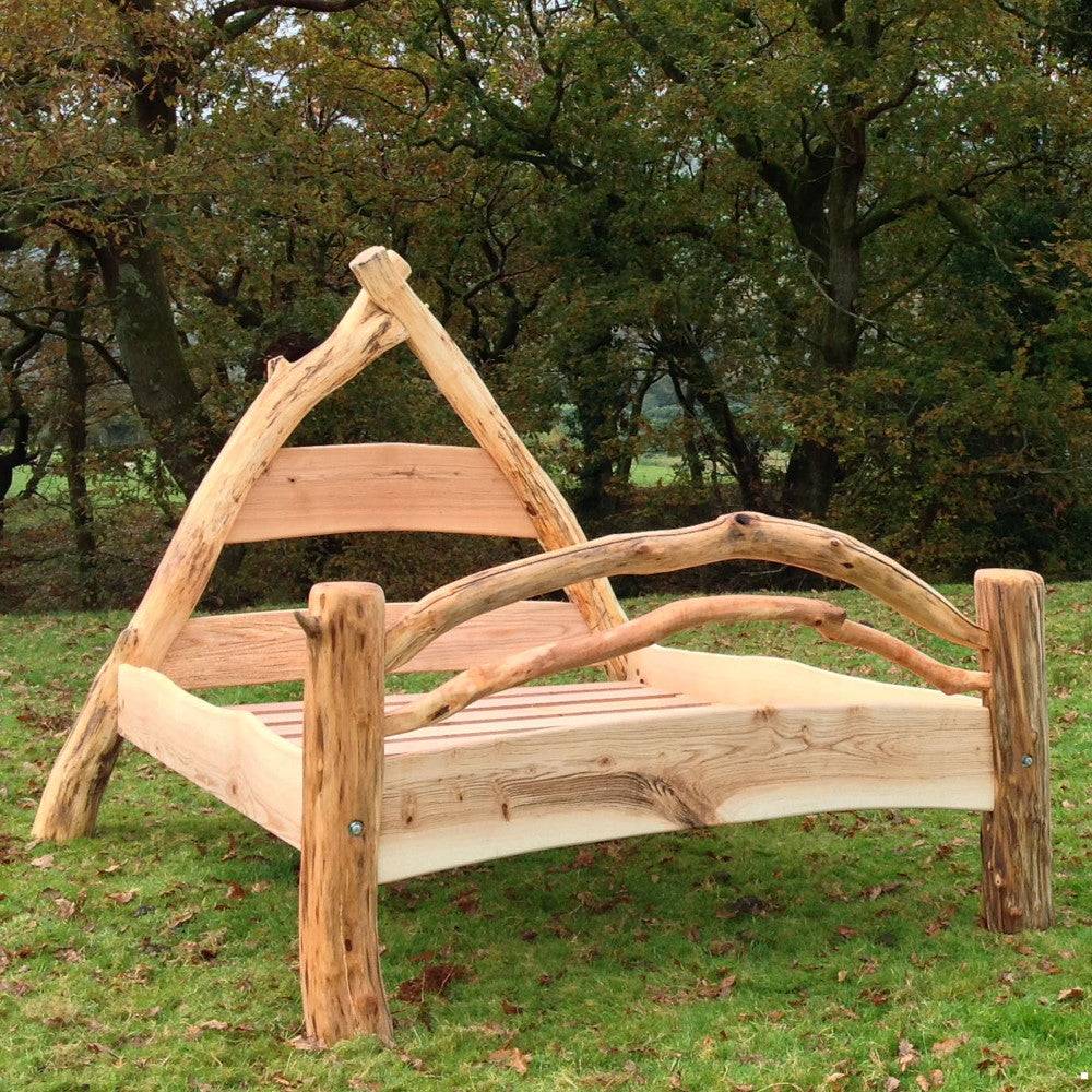 Solid oak cruck frame bed frame — handmade rustic furniture with natural branch design, Wales