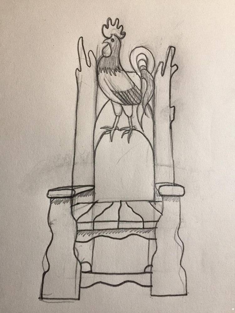 Carved oak rooster-themed throne chair — handmade fantasy wildlife furniture, Wales