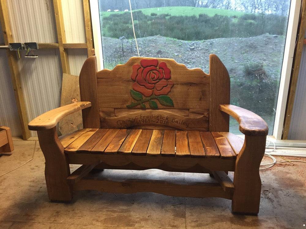 Bespoke carved oak memorial bench — personalised outdoor tribute seat, Wales