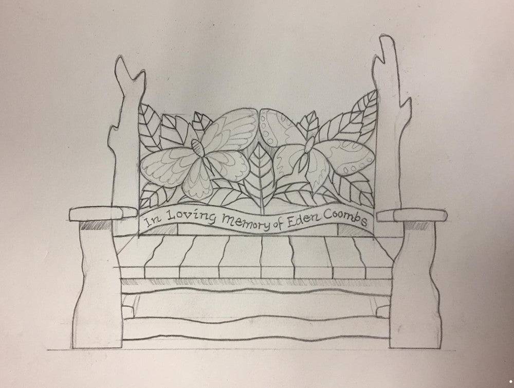Sketch design for carved oak memorial bench — bespoke personalised seating, Wales