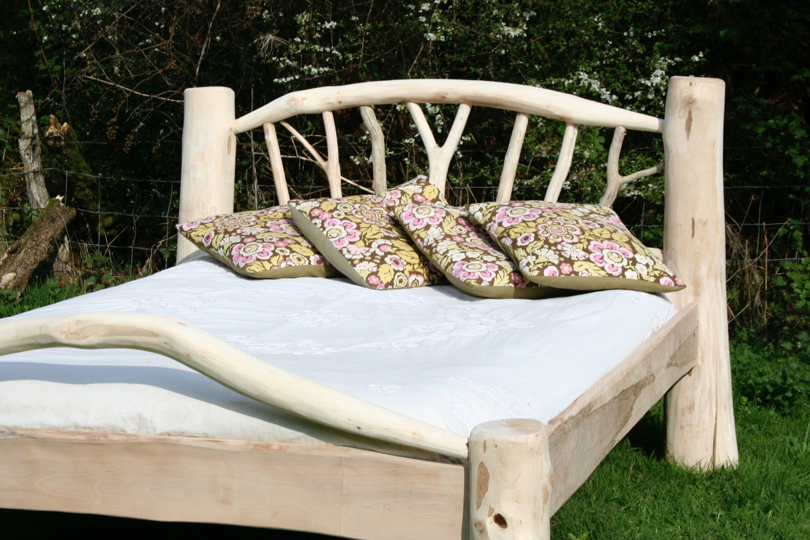 King size handmade driftwood bed frame detail — natural Welsh coastal wood, bespoke furniture