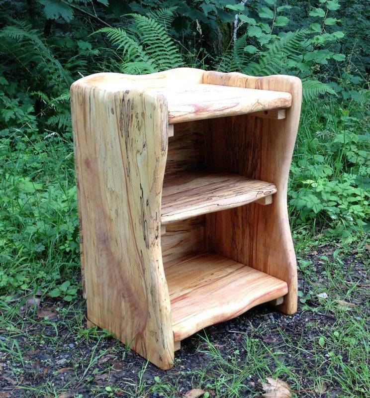 Handmade driftwood oak bedside table detail — rustic bedroom furniture, Mid Wales