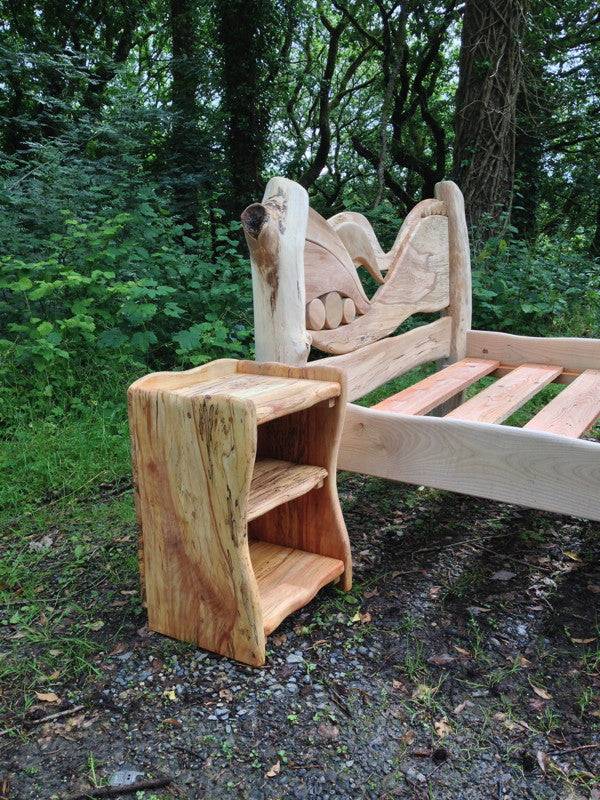 Side view of driftwood bedside table — handcrafted rustic bedroom furniture, Wales